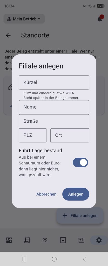 Eine Filiale anlegen