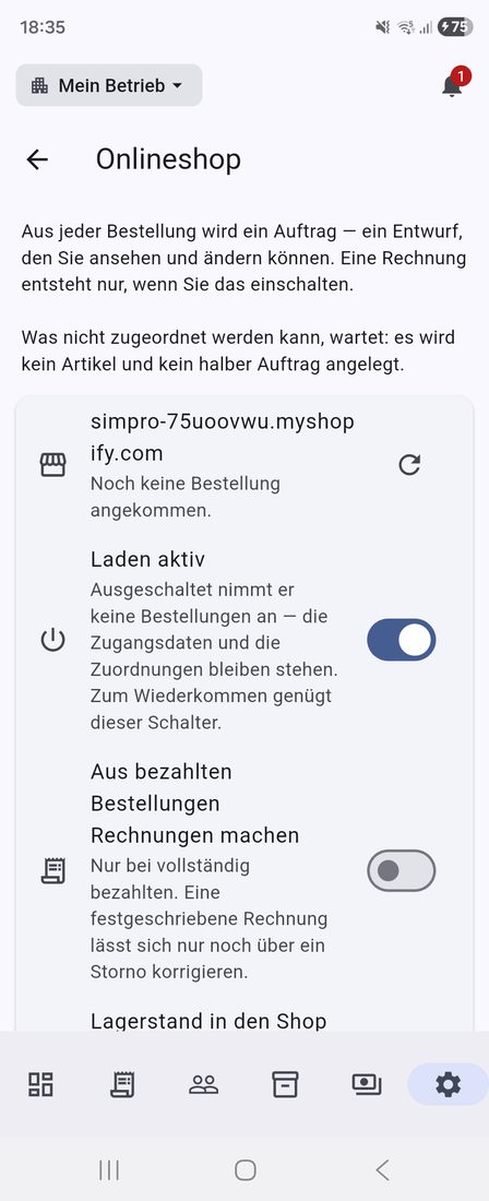 Der Webshop-Bildschirm am Telefon