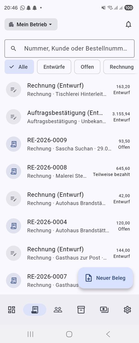 Der Auftrag aus dem Webshop in der Belegliste