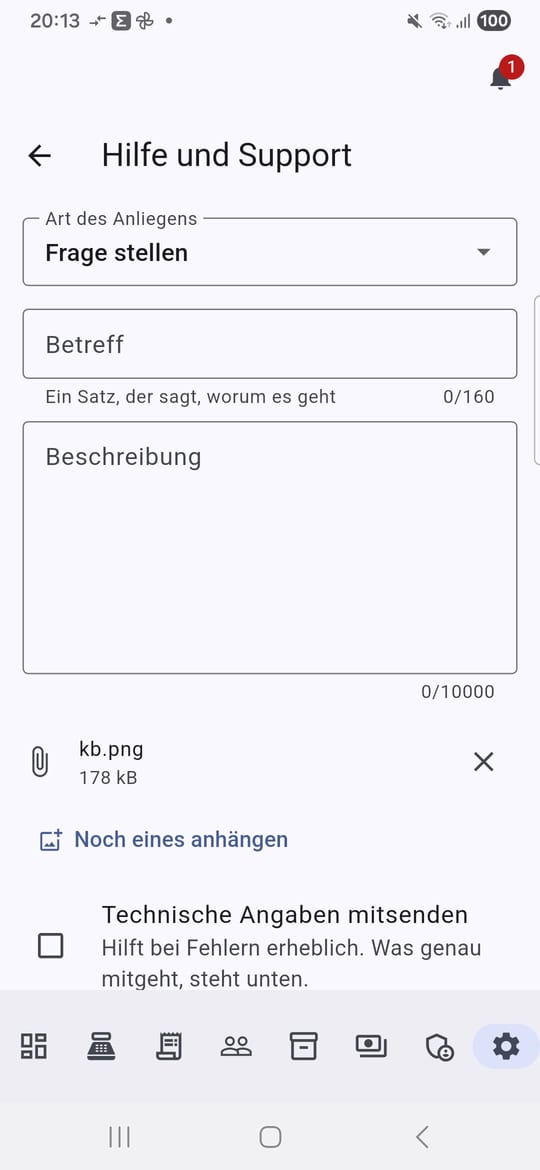 Das Support-Formular mit einem Anhang