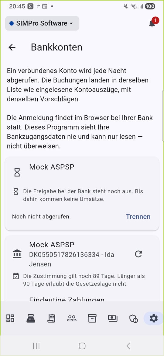 Die verbundenen Konten am Telefon