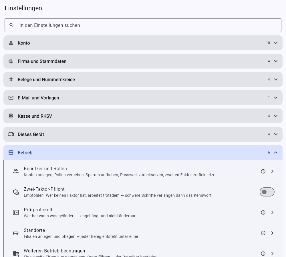 Die Einstellungen, hier mit aufgeklappter Gruppe „Betrieb