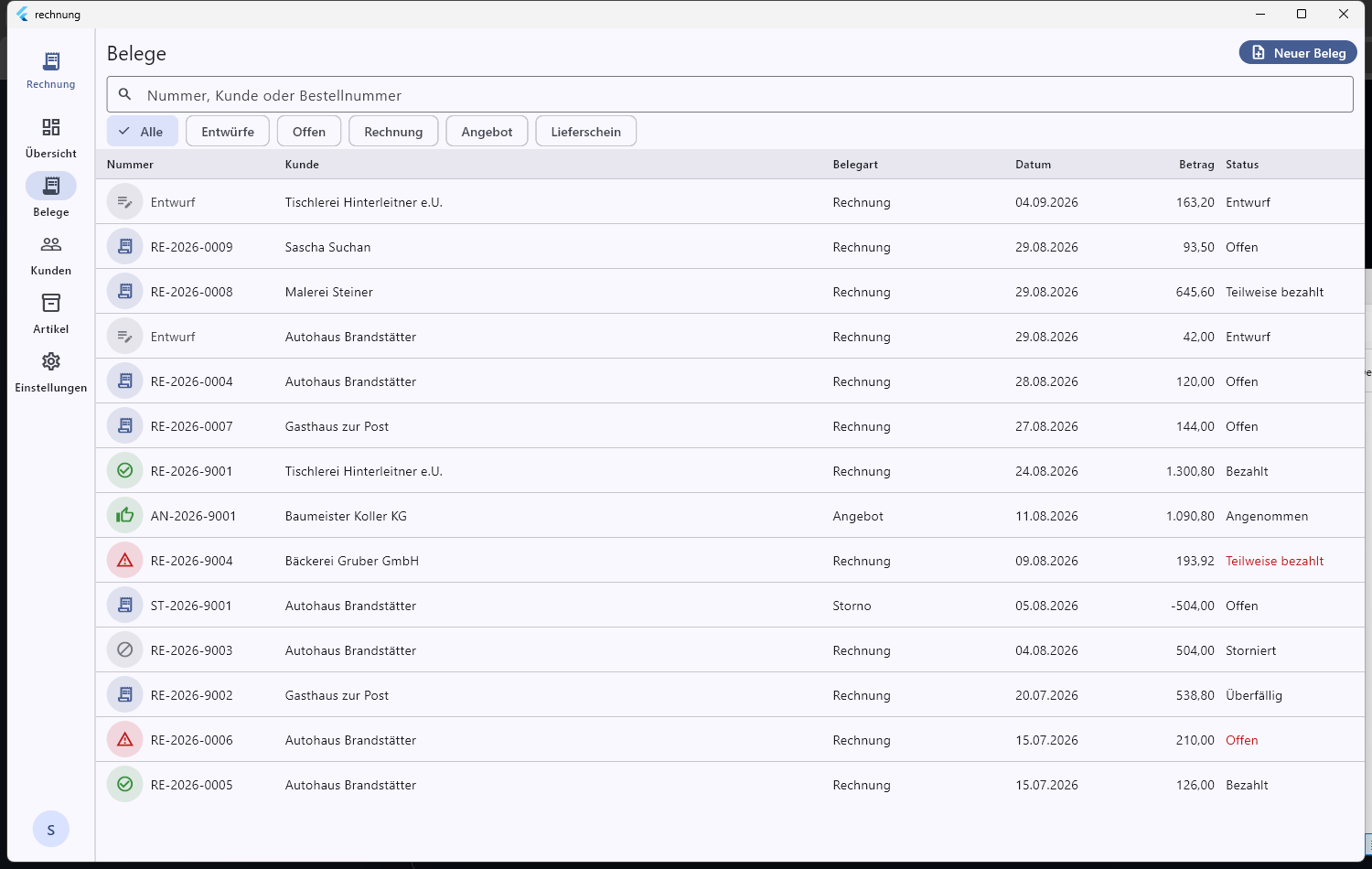 Die Belegliste in SIMPro am Windows-Rechner